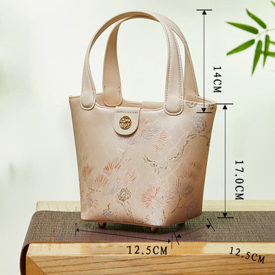 Embroidery Silk Basket Bucket Bag Genuine Leather Handbag