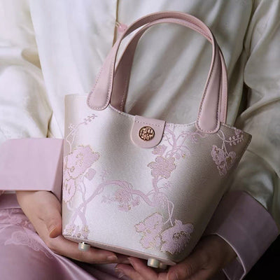 Embroidery Silk Basket Bucket Bag Genuine Leather Handbag