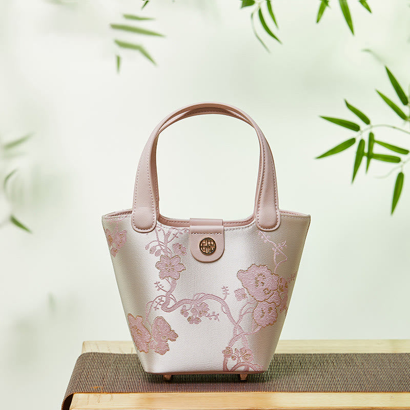 Embroidery Silk Basket Bucket Bag Genuine Leather Handbag