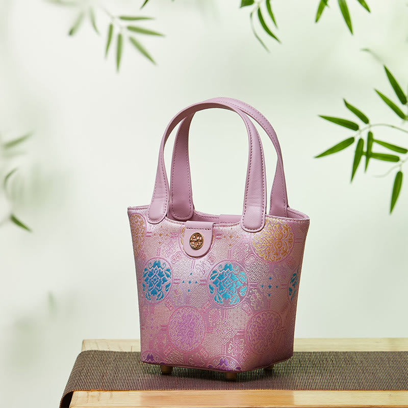 Embroidery Silk Basket Bucket Bag Genuine Leather Handbag