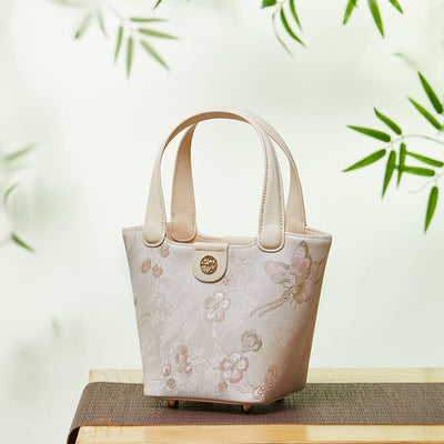 Embroidery Silk Basket Bucket Bag Genuine Leather Handbag