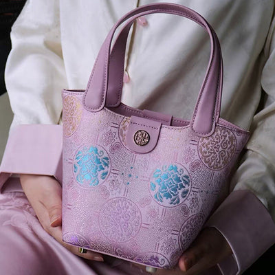 Embroidery Silk Basket Bucket Bag Genuine Leather Handbag