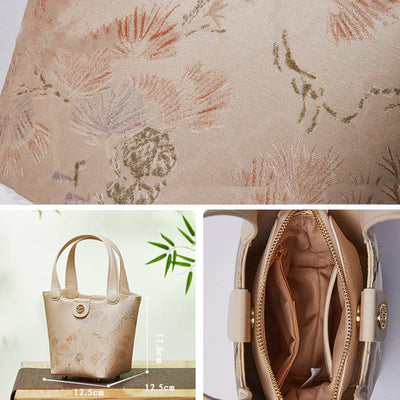 Embroidery Silk Basket Bucket Bag Genuine Leather Handbag