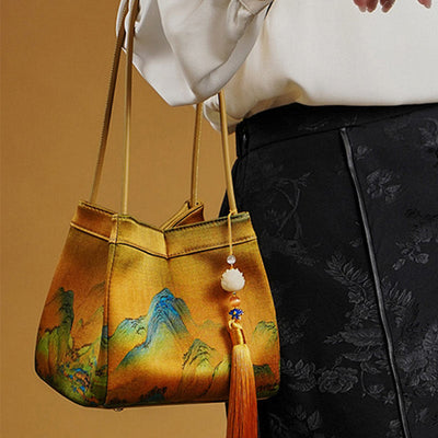 Retro Embroidery Silk Shoulder Bag Bucket Bag for Women