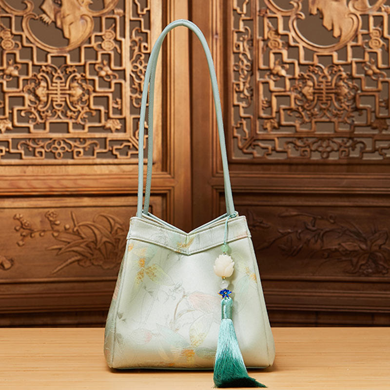 Retro Embroidery Silk Shoulder Bag Bucket Bag for Women