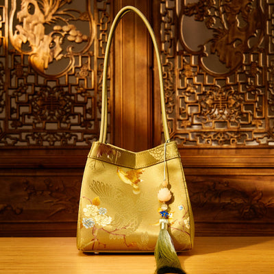 Retro Embroidery Silk Shoulder Bag Bucket Bag for Women