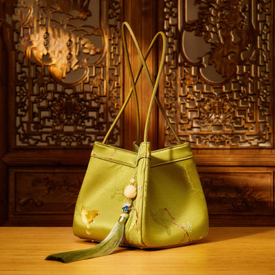 Retro Embroidery Silk Shoulder Bag Bucket Bag for Women