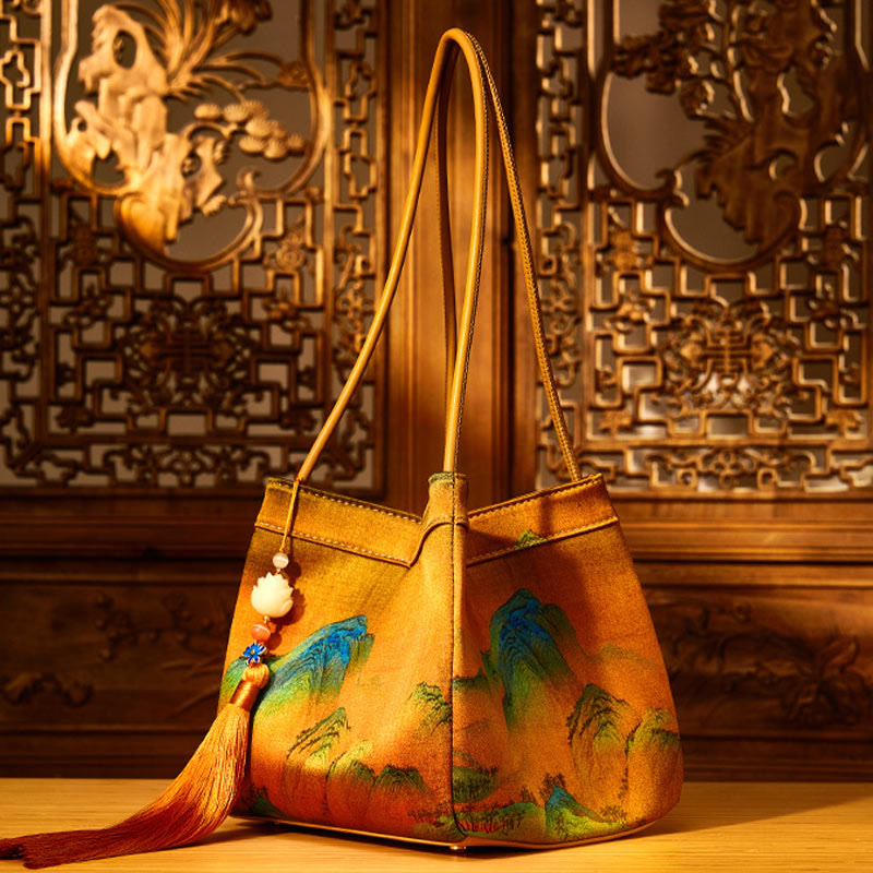 Retro Embroidery Silk Shoulder Bag Bucket Bag for Women