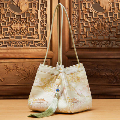 Retro Embroidery Silk Shoulder Bag Bucket Bag for Women