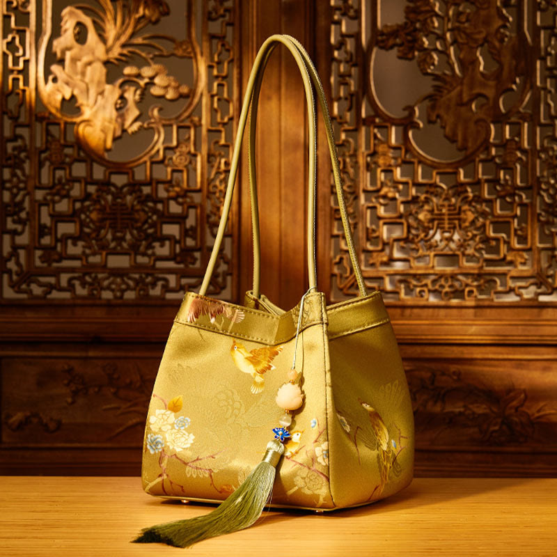 Retro Embroidery Silk Shoulder Bag Bucket Bag for Women