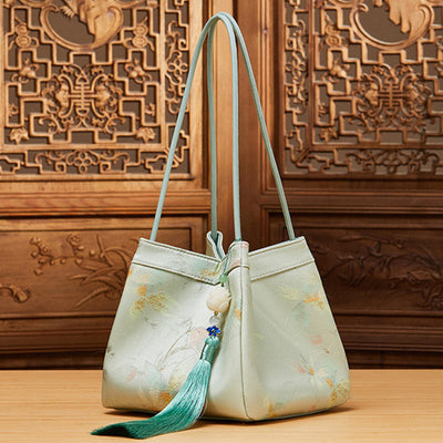 Retro Embroidery Silk Shoulder Bag Bucket Bag for Women