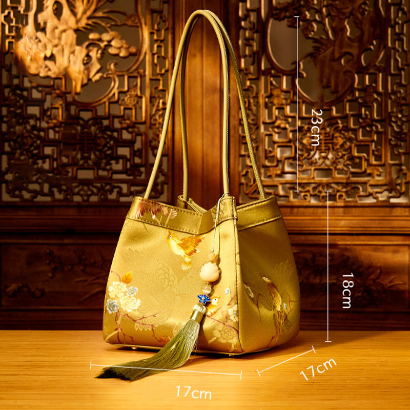 Retro Embroidery Silk Shoulder Bag Bucket Bag for Women