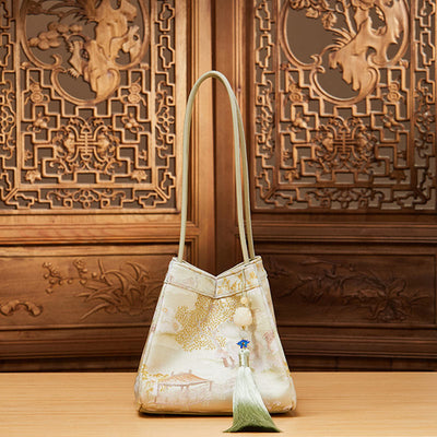 Retro Embroidery Silk Shoulder Bag Bucket Bag for Women