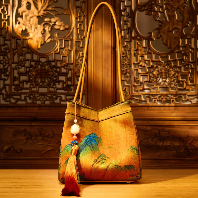 Retro Embroidery Silk Shoulder Bag Bucket Bag for Women