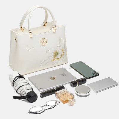 Pearlescent White Lotus Embroidery Leather Tote Handbag