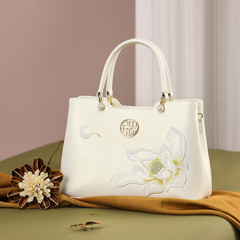 Pearlescent White Lotus Embroidery Leather Tote Handbag