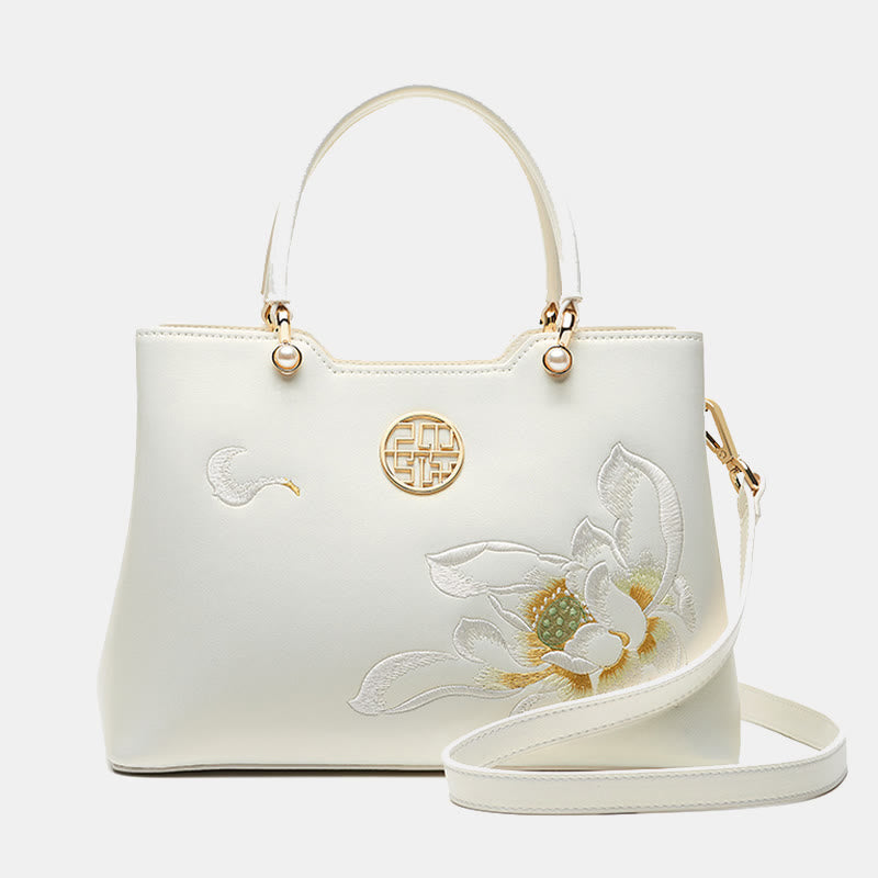 Pearlescent White Lotus Embroidery Leather Tote Handbag