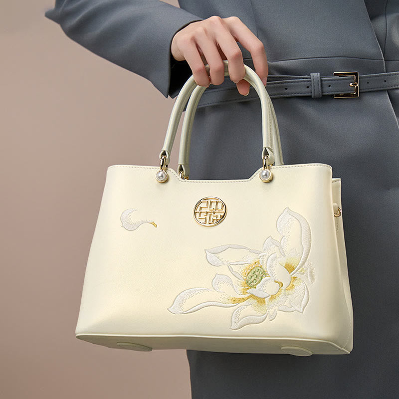 Pearlescent White Lotus Embroidery Leather Tote Handbag