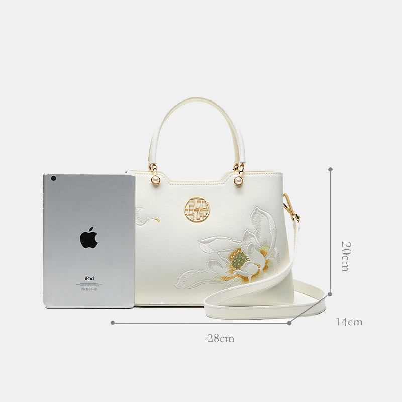 Pearlescent White Lotus Embroidery Leather Tote Handbag