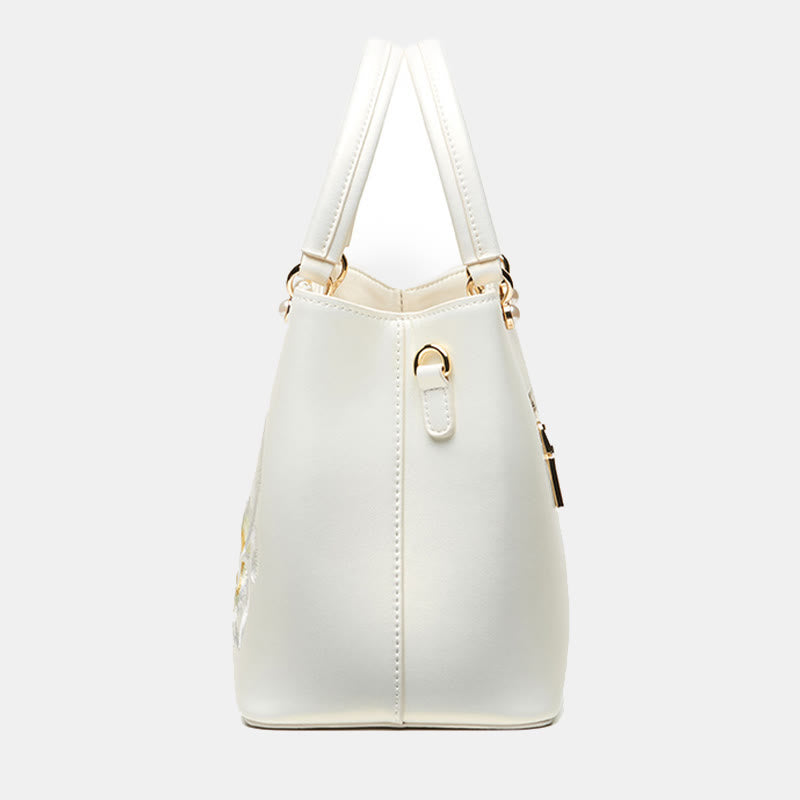 Pearlescent White Lotus Embroidery Leather Tote Handbag