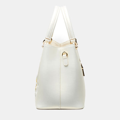 Pearlescent White Lotus Embroidery Leather Tote Handbag