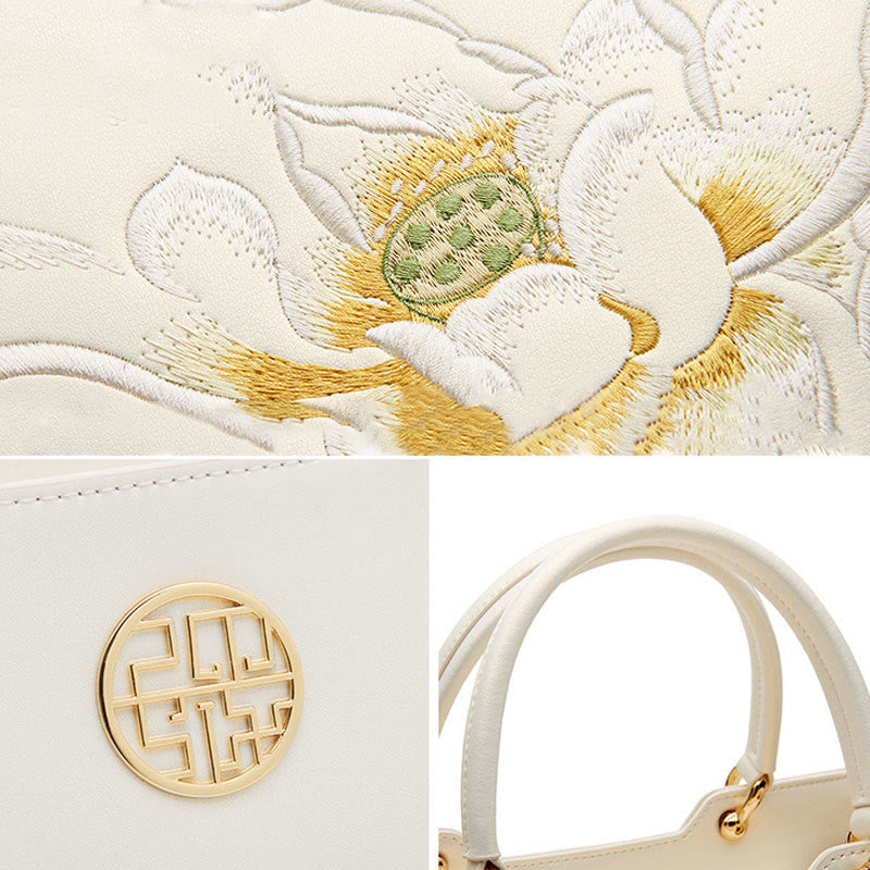 Pearlescent White Lotus Embroidery Leather Tote Handbag