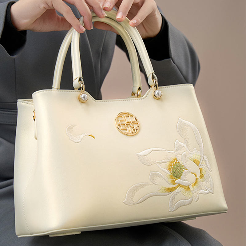 Pearlescent White Lotus Embroidery Leather Tote Handbag