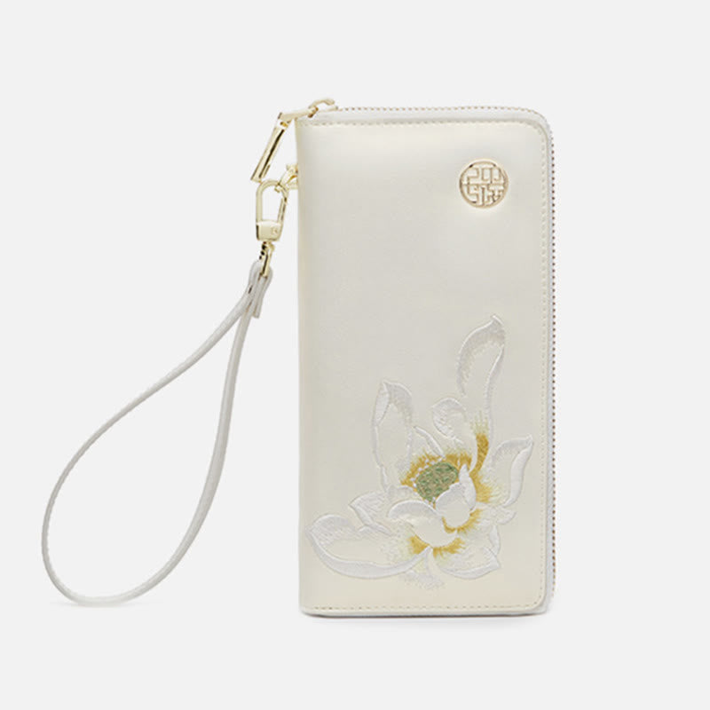 Genuine Leather Lotus Embroidery Zip Around Wallet Clutch Wristlet Bag