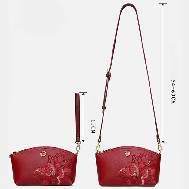 Genuine Leather Flowers Embroidery Clutch Wristlet Bag Crossbody Purse