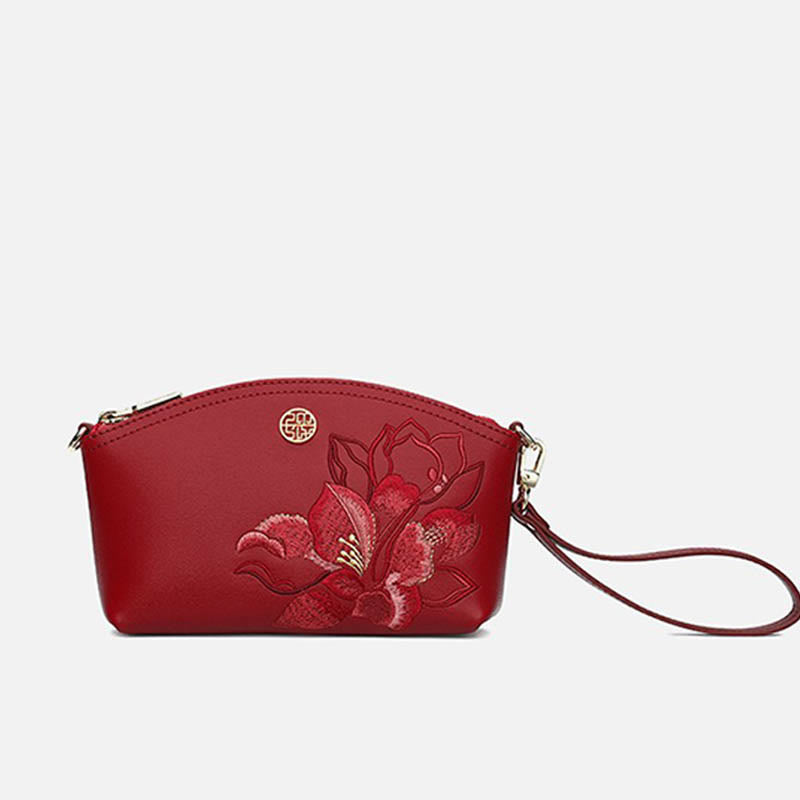 Genuine Leather Flowers Embroidery Clutch Wristlet Bag Crossbody Purse