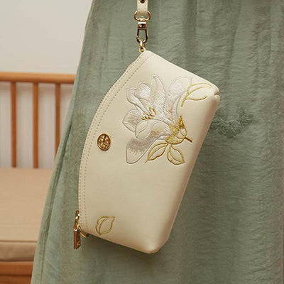 Genuine Leather Flowers Embroidery Clutch Wristlet Bag Crossbody Purse