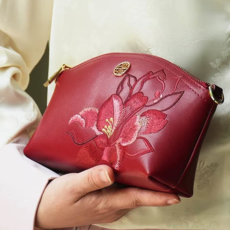 Genuine Leather Flowers Embroidery Clutch Wristlet Bag Crossbody Purse