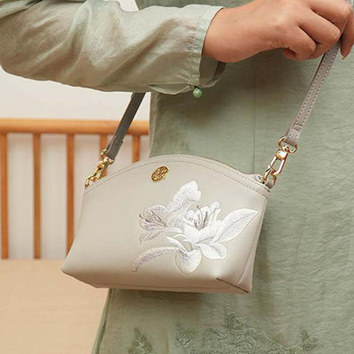 Genuine Leather Flowers Embroidery Clutch Wristlet Bag Crossbody Purse