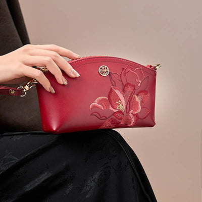 Genuine Leather Flowers Embroidery Clutch Wristlet Bag Crossbody Purse