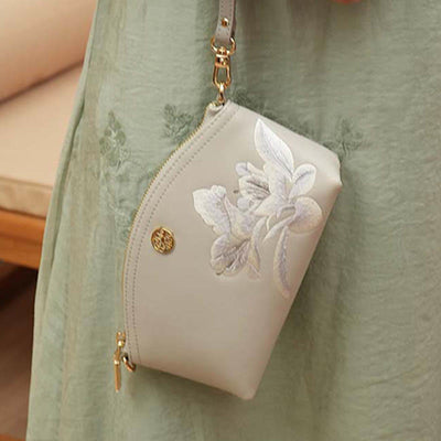 Genuine Leather Flowers Embroidery Clutch Wristlet Bag Crossbody Purse