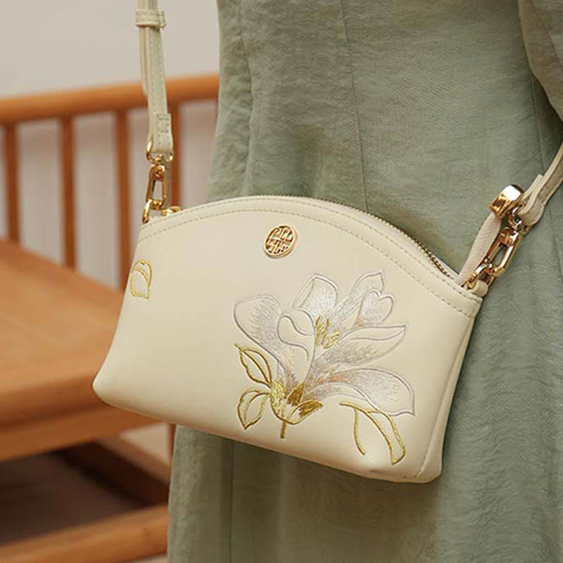 Genuine Leather Flowers Embroidery Clutch Wristlet Bag Crossbody Purse