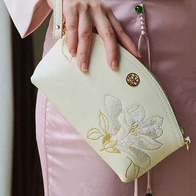 Genuine Leather Flowers Embroidery Clutch Wristlet Bag Crossbody Purse