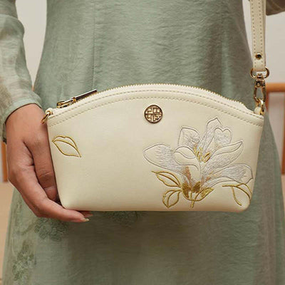 Genuine Leather Flowers Embroidery Clutch Wristlet Bag Crossbody Purse