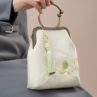 Lotus Embroidery Tassel Kiss-Locked Party Evening Bag Top-Handle Purse