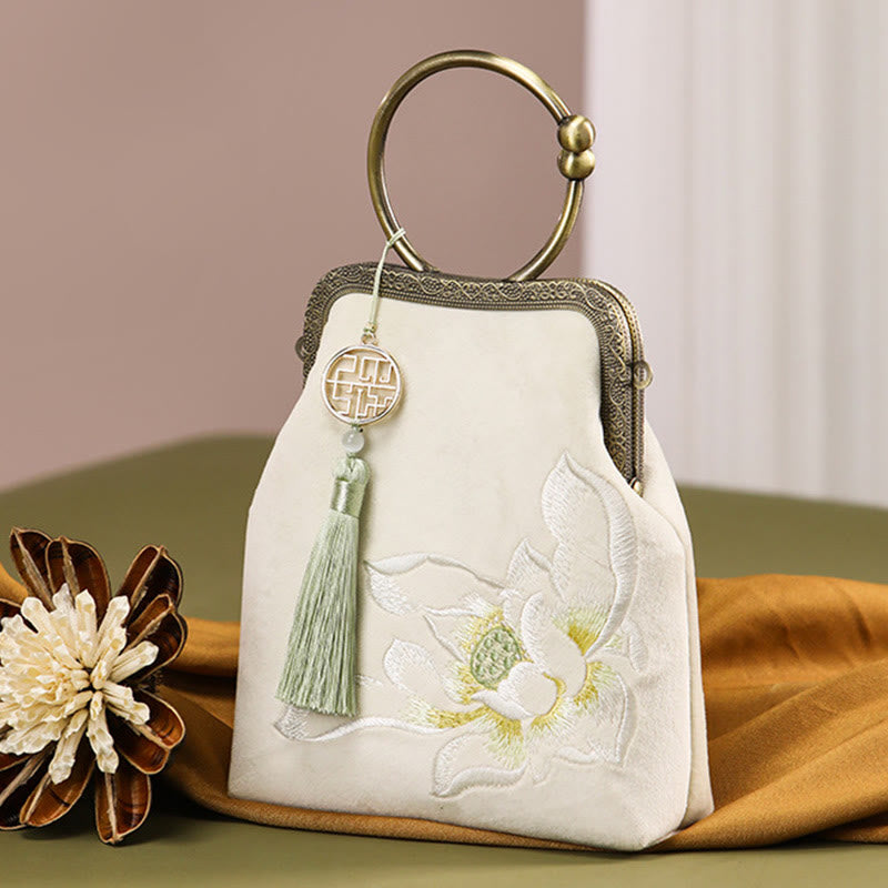 Lotus Embroidery Tassel Kiss-Locked Party Evening Bag Top-Handle Purse