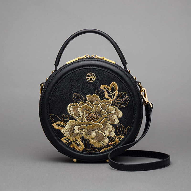 Luxury Golden Peony Embroidery Round Tote Bag Satchel