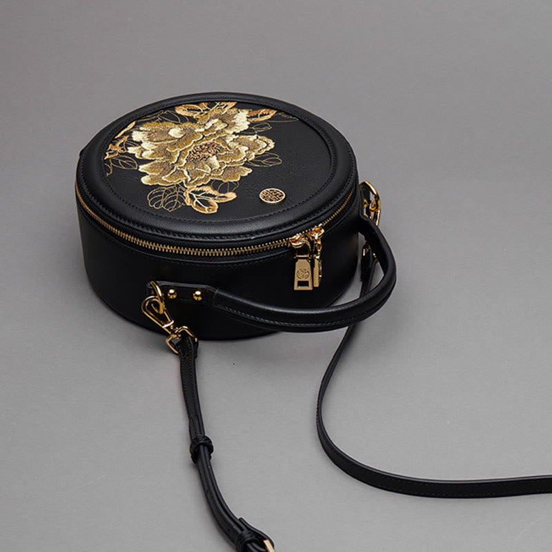 Luxury Golden Peony Embroidery Round Tote Bag Satchel