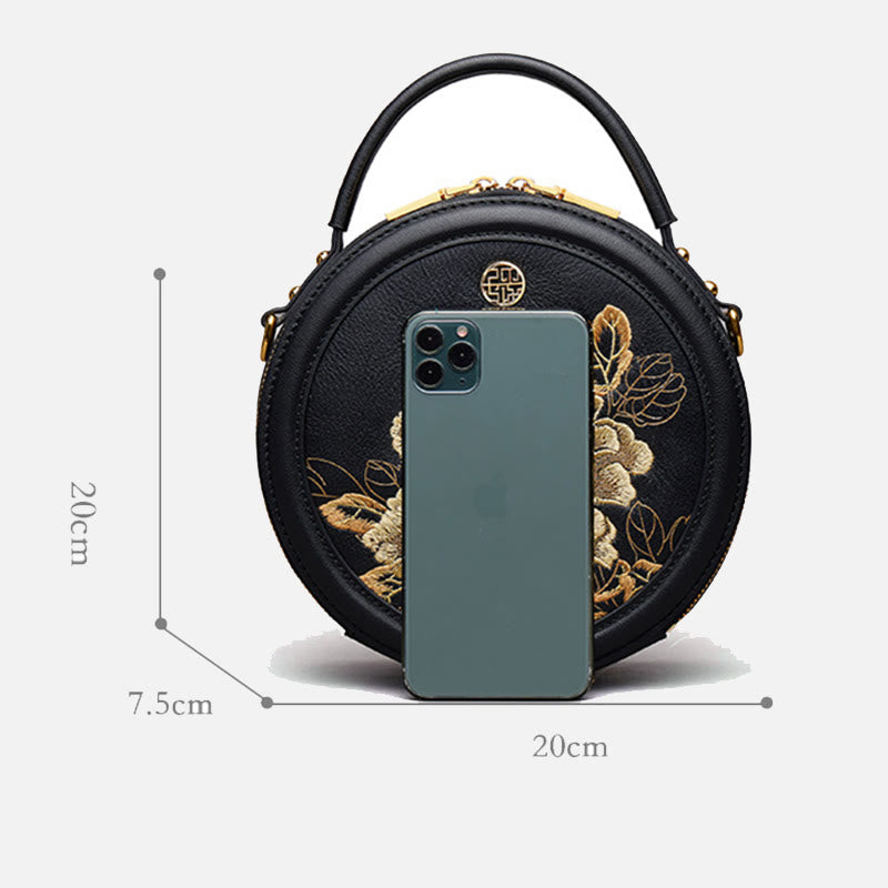 Luxury Golden Peony Embroidery Round Tote Bag Satchel