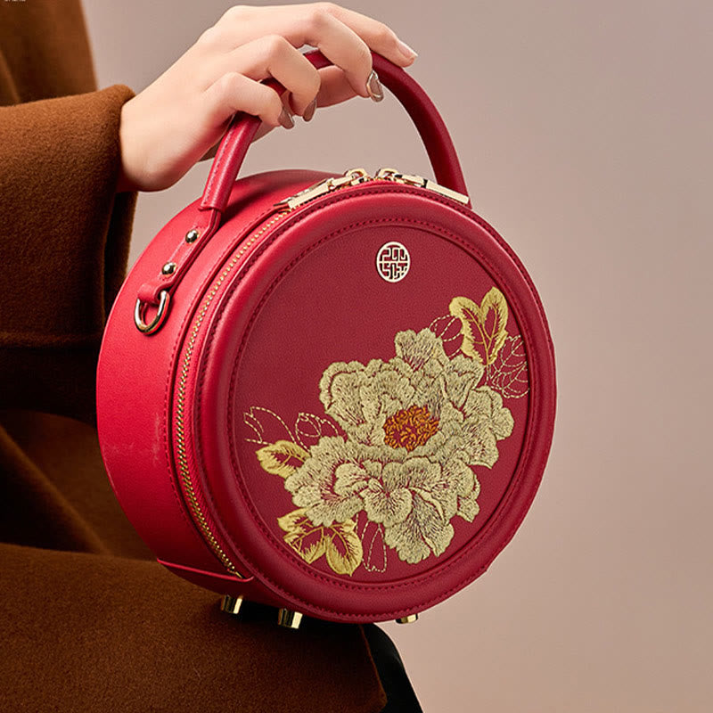 Luxury Golden Peony Embroidery Round Tote Bag Satchel