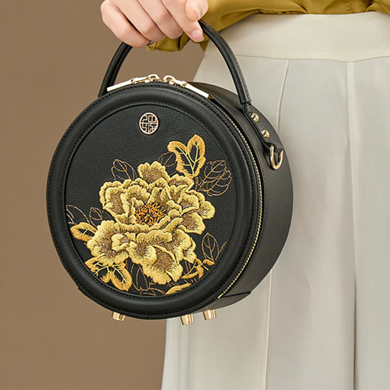 Luxury Golden Peony Embroidery Round Tote Bag Satchel