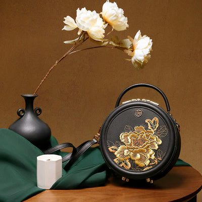 Luxury Golden Peony Embroidery Round Tote Bag Satchel