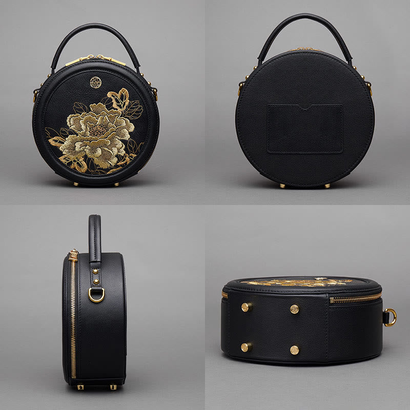 Luxury Golden Peony Embroidery Round Tote Bag Satchel