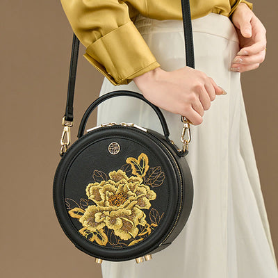 Luxury Golden Peony Embroidery Round Tote Bag Satchel