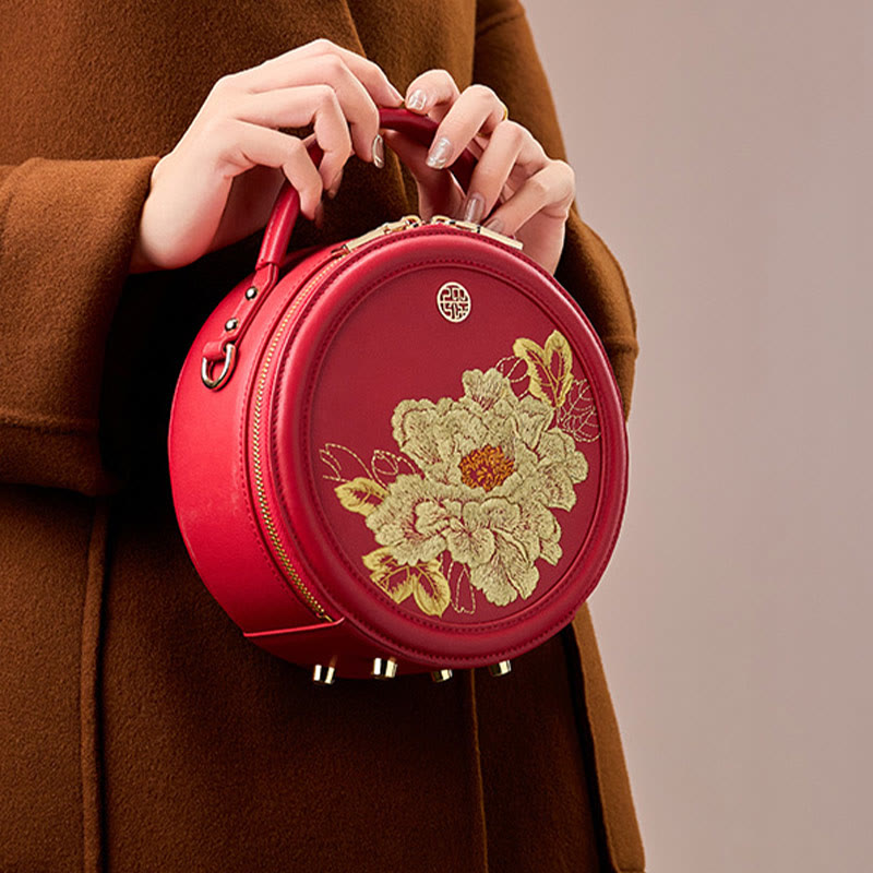 Luxury Golden Peony Embroidery Round Tote Bag Satchel