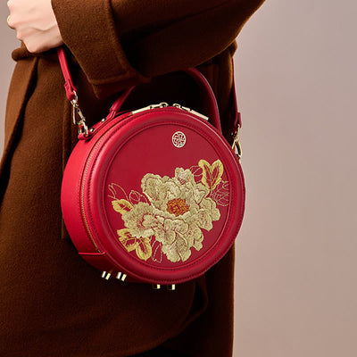 Luxury Golden Peony Embroidery Round Tote Bag Satchel